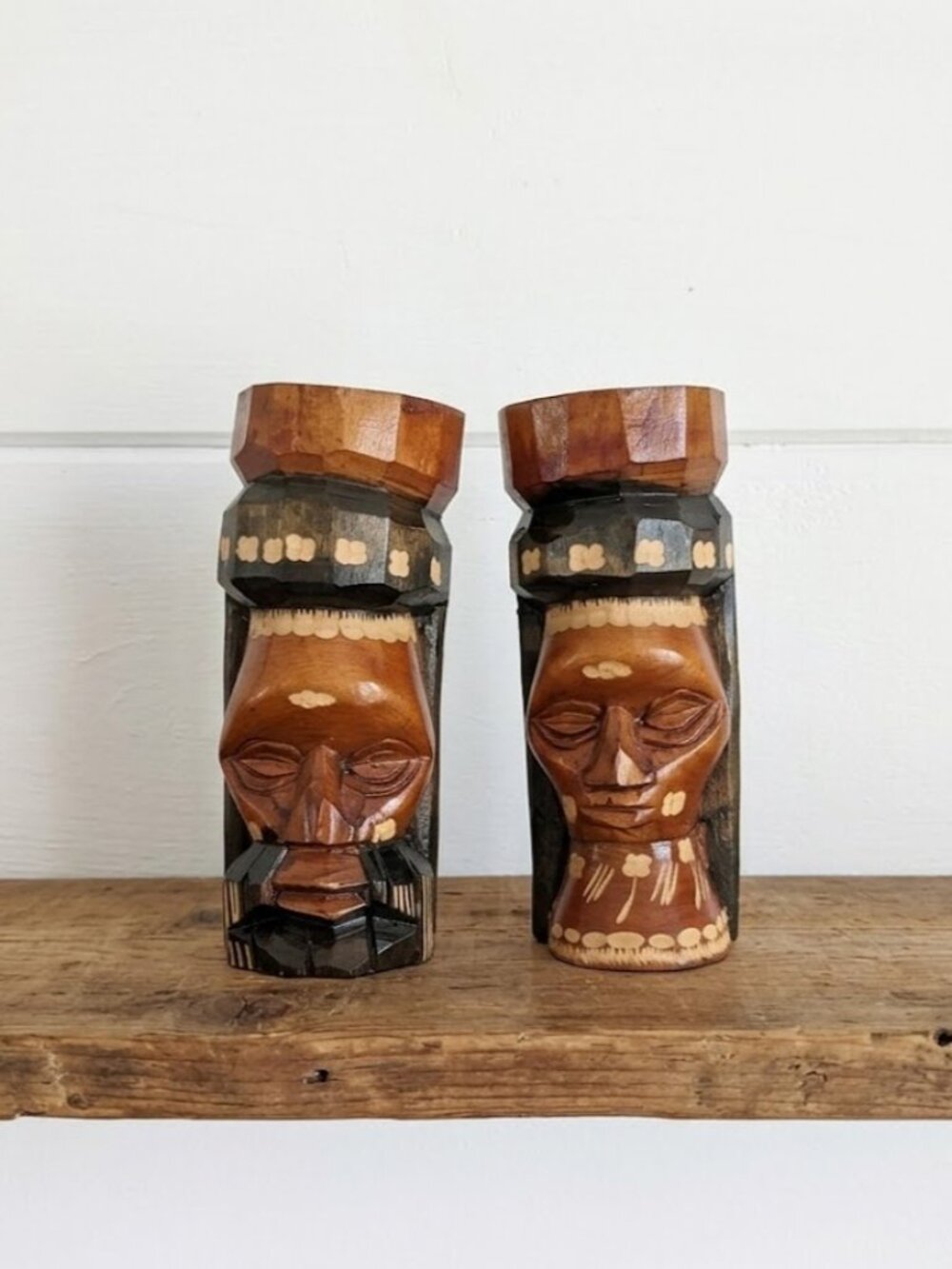 Wooden Jamaican Totem Pole Tiki Man and Woman Statues Hand Carved Vintage PAIR